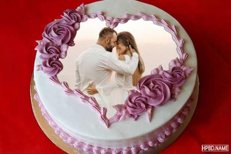 Collage Photo On Anniversary Cake With Romantic Heart Border