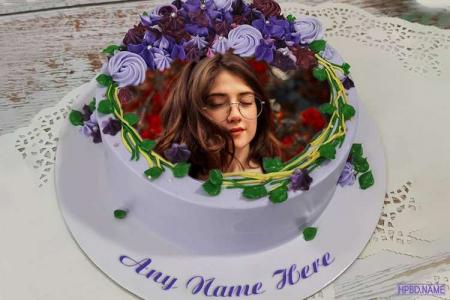 Sweet Purple Birthday Cake With Floral Border With Name And Photo