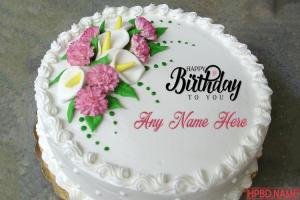 Pink And Cream Flower Birthday Cake With Name Editing