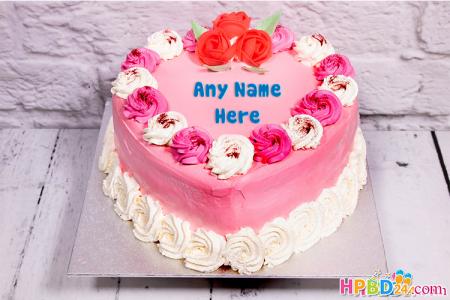 Romantic Pink Heart Birthday Cake With Name