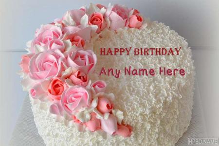 Happy Birthday Pink Flowers Cake With Your Name