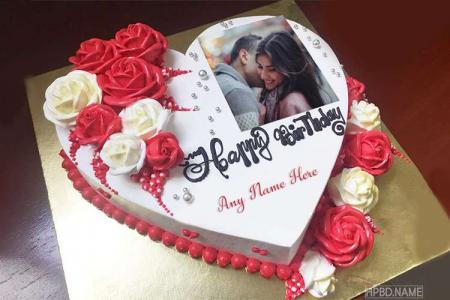 Print Photo on Heart Birthday Cake With Name Edit
