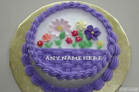 Write Your Name On Purple Flower Garden Birthday Cake