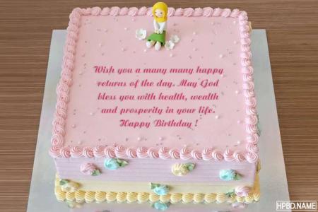 Pink Square Happy Birthday Cake With Name And Wishes