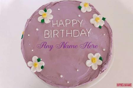 White Floral Birthday Cake On Purple Cake Background With Name Editing