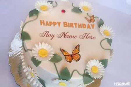 Lovely Butterfly And Flower Birthday Cake With Name Editing