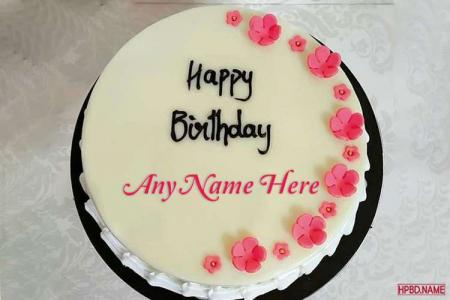 Lovely Pink Floral Border Birthday Cake With Name Editing