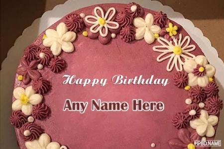 Free Pink Happy Flower Birthday Cake With Your Name