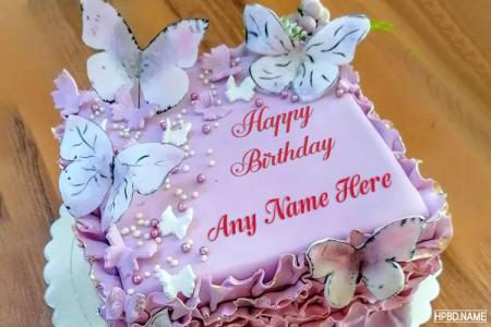 Lovely Pink Butterfly Birthday Cake With Name Editor