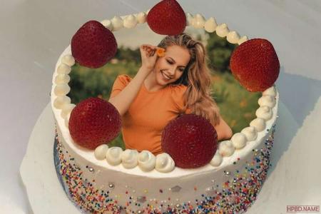 Fresh Strawberry Birthday Wishes Cake With Photo Editing