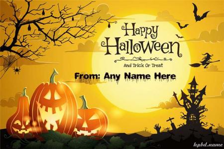 Write Name On Halloween Pumpkins Castle Spooky Night Cards