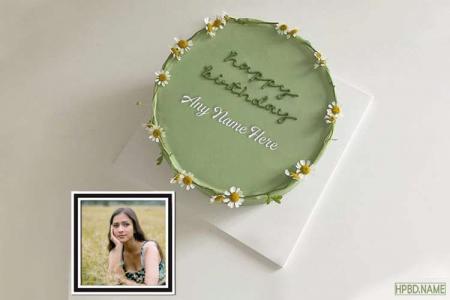 Green Happy Birthday Cake With Name And Photo