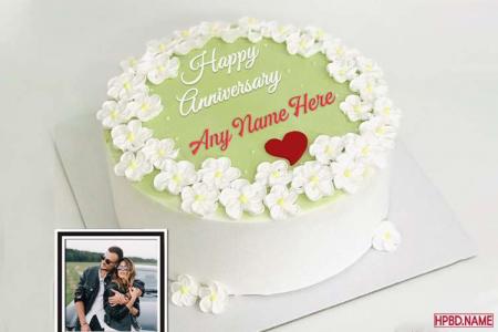 Happy Anniversary Wishes Cake With White Flowers