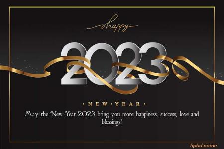 Happy New Year 2023 Greeting Card With Golden Ribbon Elegant