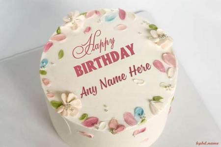 Pink And Cream Flower Birthday Cake With Name Editing