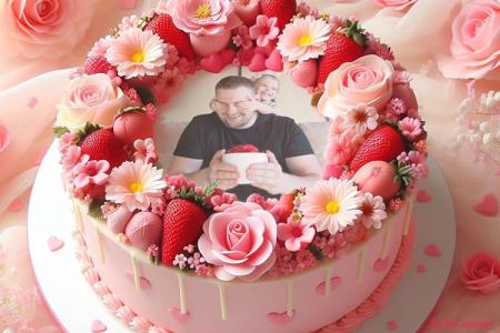 A Birthday Cake Decorated With Strawberries And Flowers Along With Your Photo