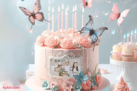 Birthday Cake With A Photo Frame Surrounded By Beautiful Butterflies