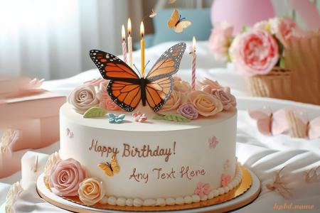 Write Your Name On A Birthday Cake Decorated With Butterflies And Flowers
