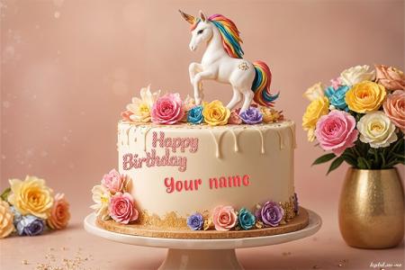 Write a name on a cute unicorn birthday cake online