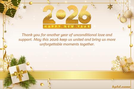 Happy New Year 2026 Greeting Card With Golden Ribbon Elegant