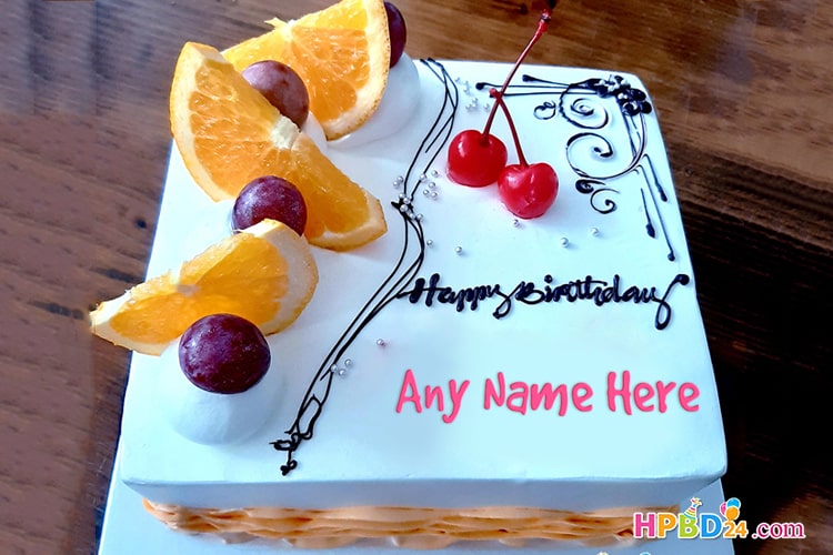 Elegant White Fruit Cake For Birthday Wishes With Name
