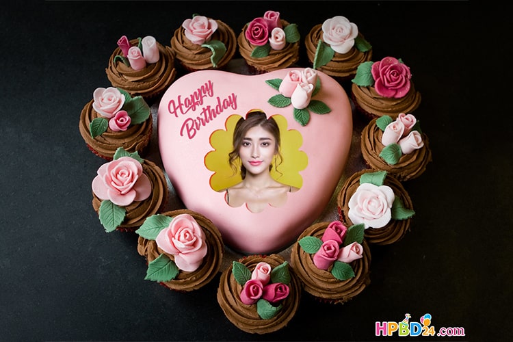 Heart Flower Birthday Cake With Photo Frames