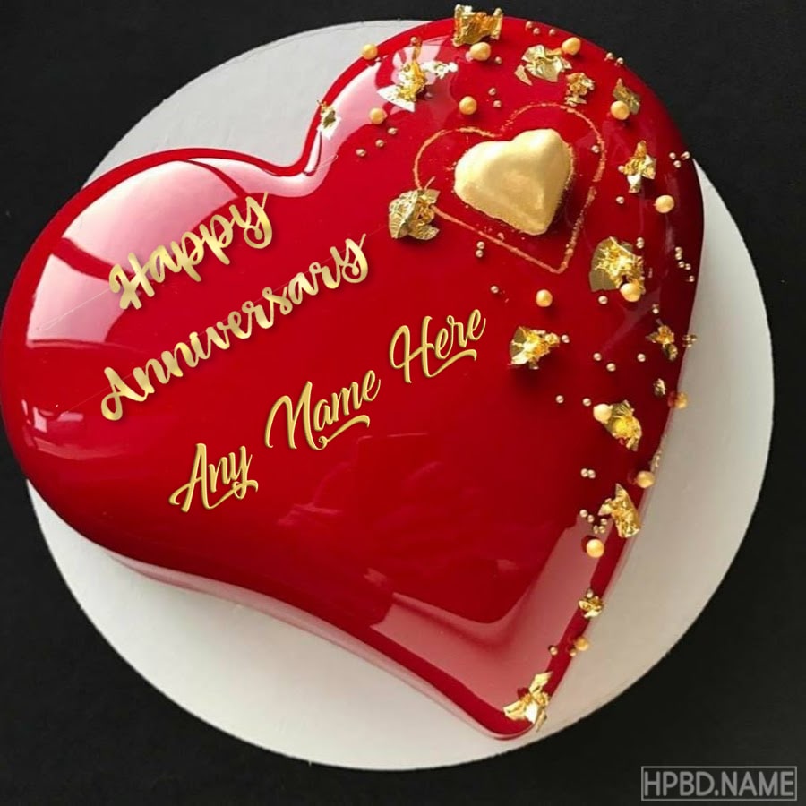 Red Heart Anniversary Cake With Name Edit