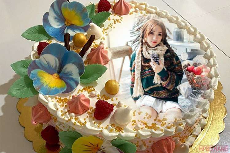 Print Photo On Flower Decorated Vanilla Birthday Cake