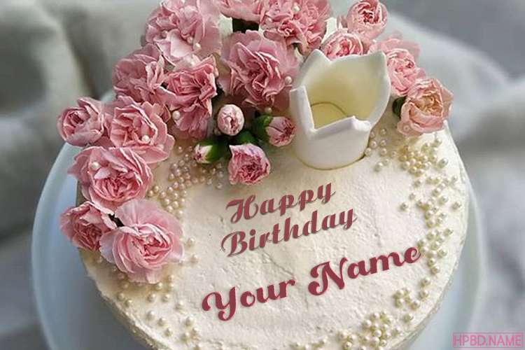 Pink Color Rose Flower Birthday Cake With Name On It