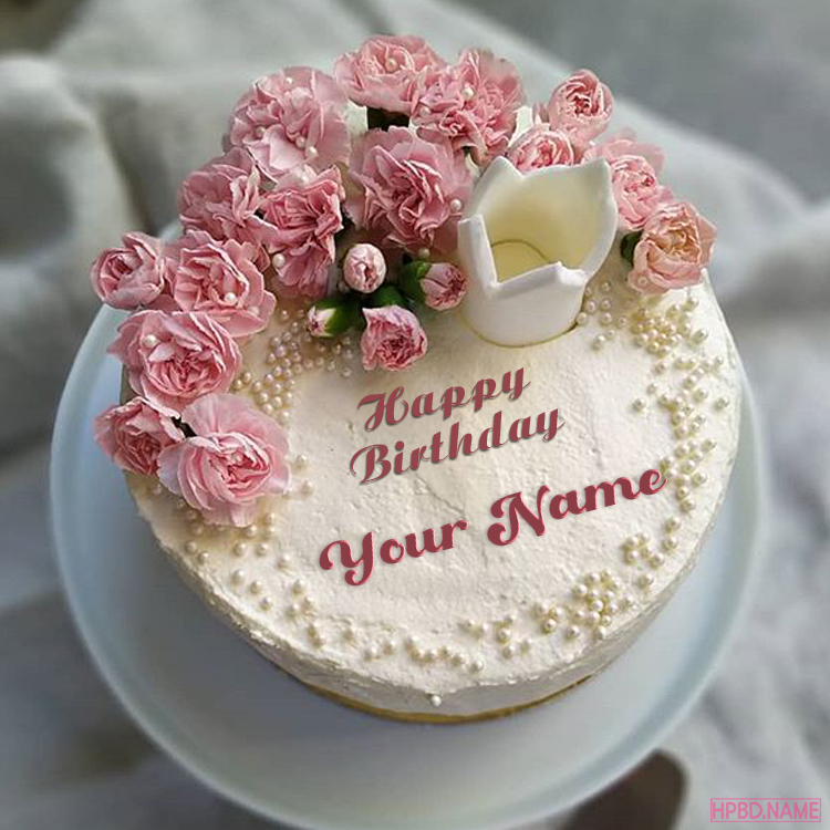 Pink Color Rose Flower Birthday Cake With Name On It