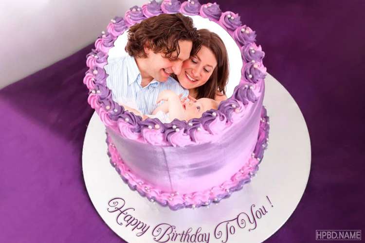 Purple Flower Birthday Cake With Name And Photo