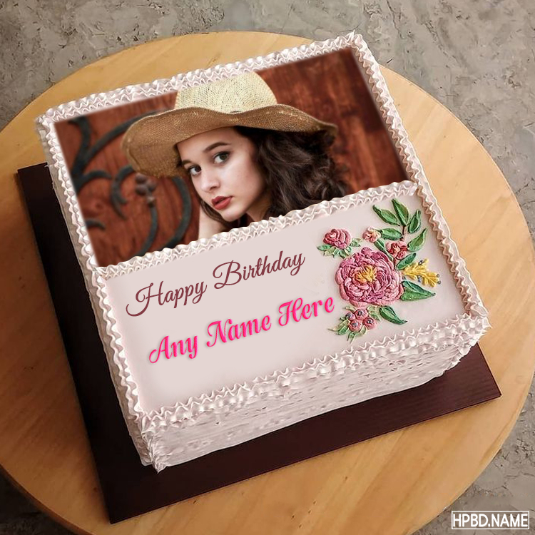 Create Square Floral Birthday Cake With Name And Photo