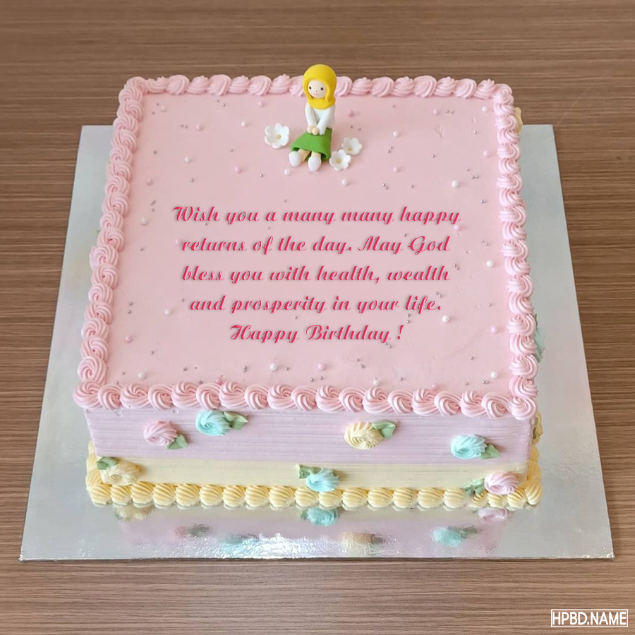 Pink Square Happy Birthday Cake With Name And Wishes