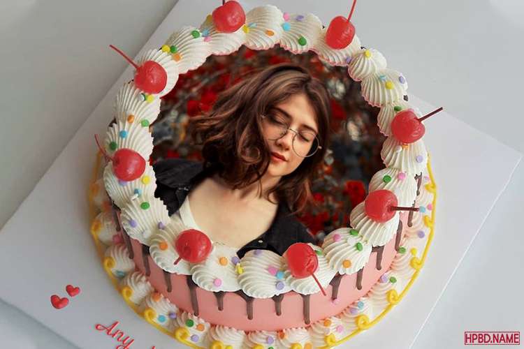 Colorful Cherry Border Birthday Cake With Name And Photo Frame
