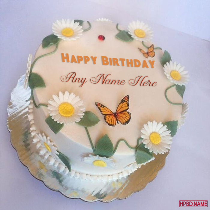 Lovely Butterfly And Flower Birthday Cake With Name Editing