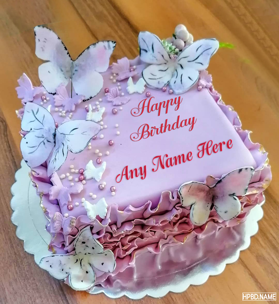 Lovely Pink Butterfly Birthday Cake With Name Editor
