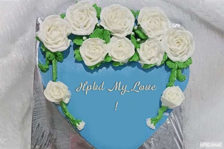 Write Your Lover's Name On White Flower Heart Shaped Birthday Cake