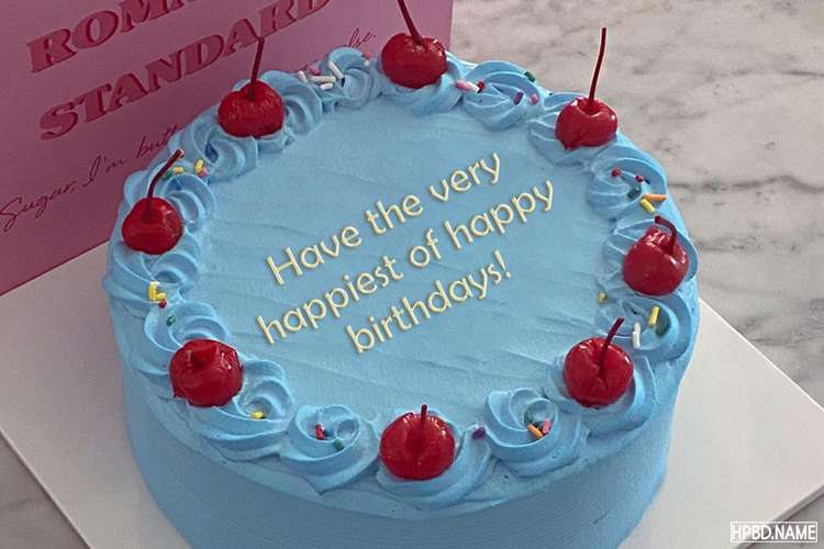 Write Your Name Or Wish On Blue Cherry Birthday Cake