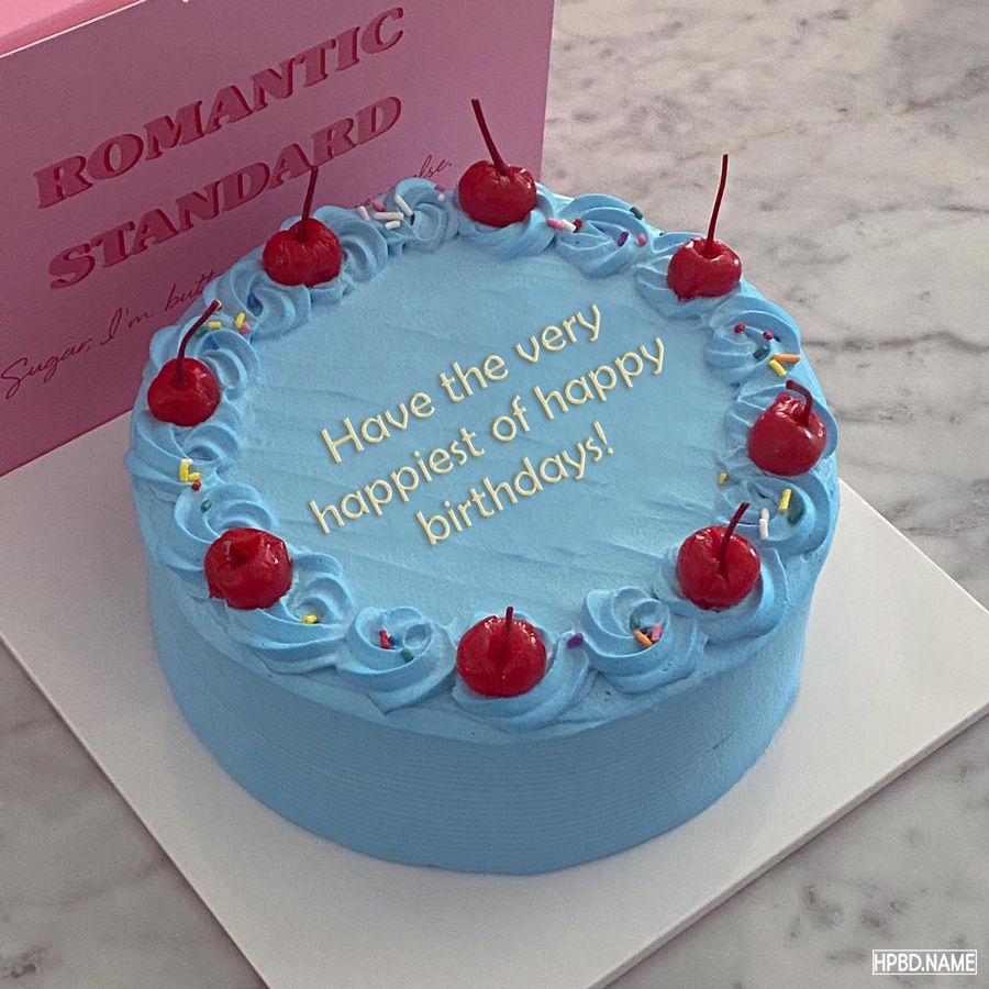 Write Your Name Or Wish On Blue Cherry Birthday Cake