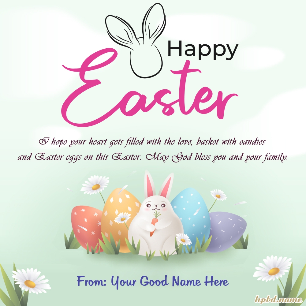 Happy Easter Day Card With Bunnies Eggs