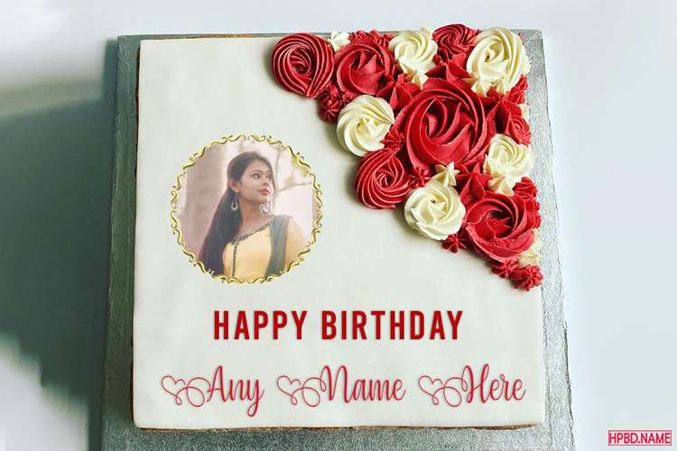 Red Flower Square Birthday Cake With Photo And Name