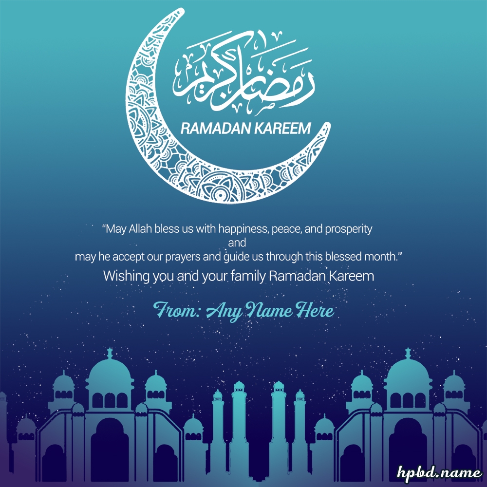 Write Name On Ramadan Mubarak Wishes Card With Blue Background