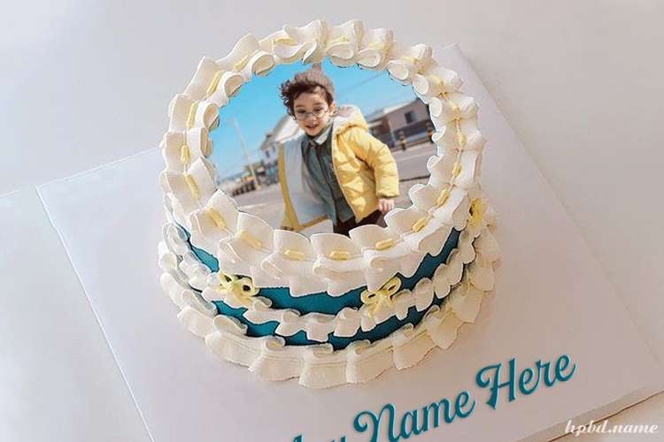 Blue Cream Birthday Wishes Cake With Name And Photo