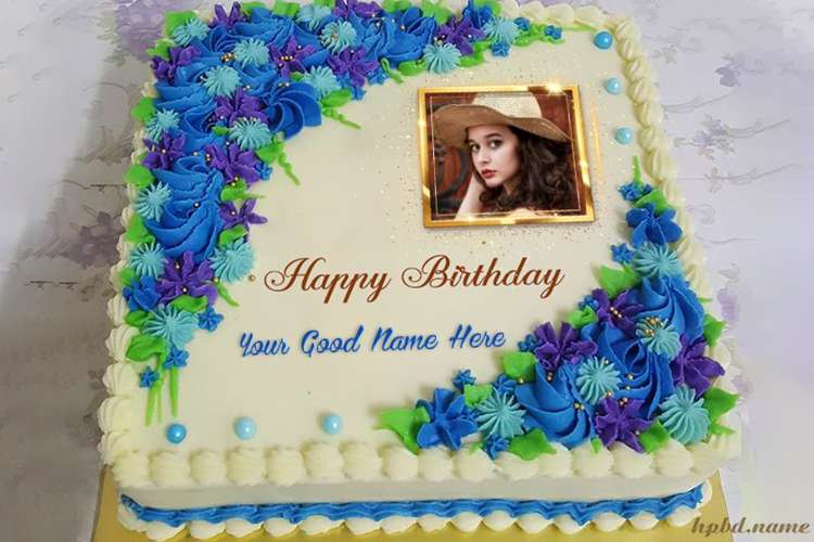 Blue Flowers Birthday Cake With Customised Name & Photo