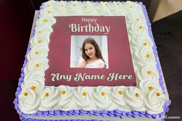Flower Border Square Birthday Cake With Photo And Name