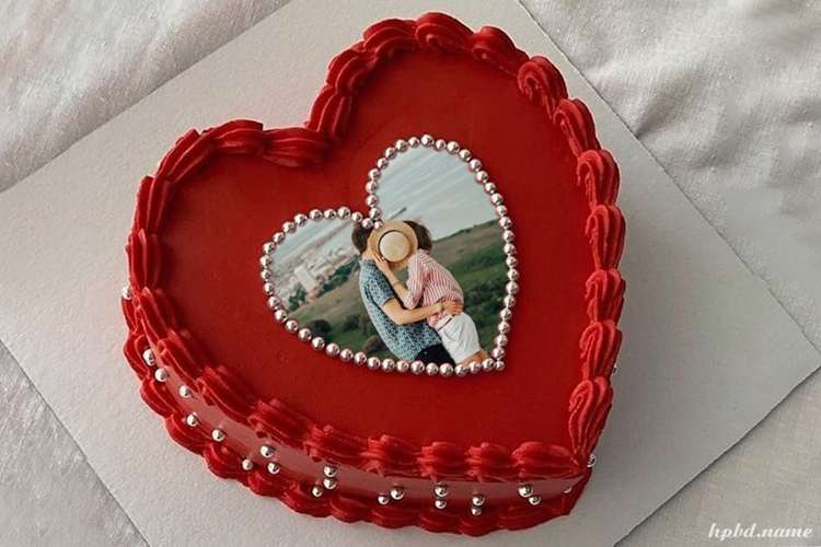 Romantic Red Heart Birthday Cake With Photo