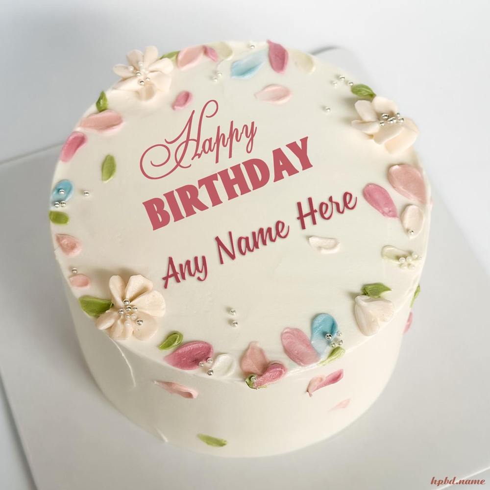 Pink And Cream Flower Birthday Cake With Name Editing