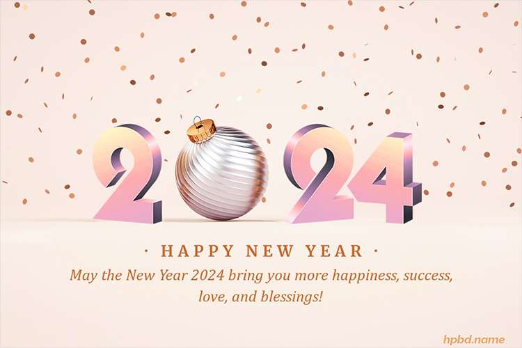 Happy New Year 2024 Greeting Card With Golden Ribbon Elegant