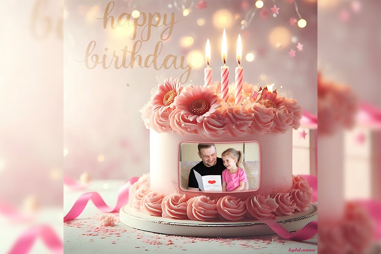 Cute flower and candle decorated birthday cake with photo